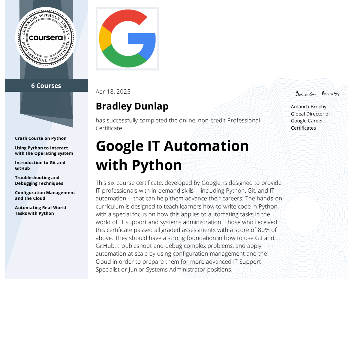 Google IT Automation with Python Professional Certificate